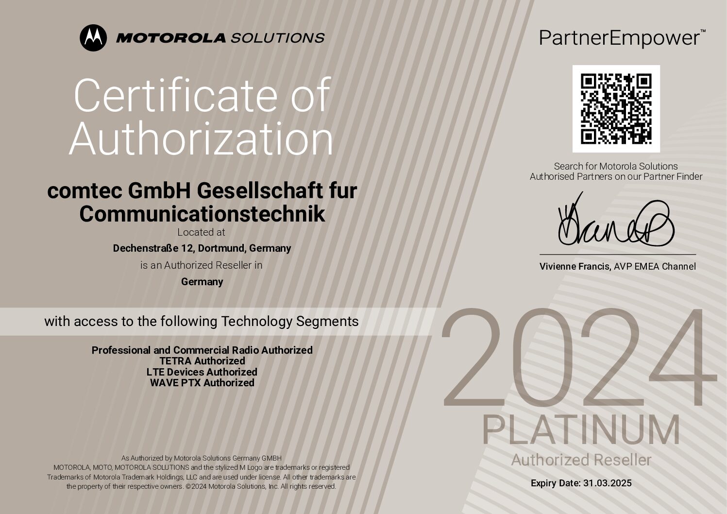 Motorola 2024 Certificate of Authorization Platinum Reseller